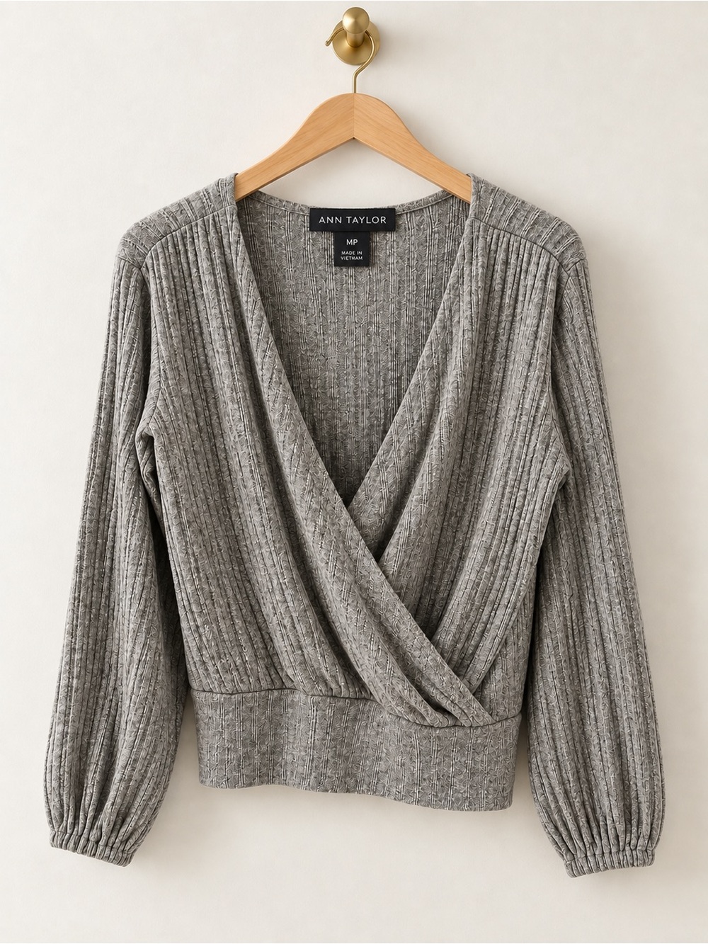 Ann Taylor Factory Petite MP Gray Ribbed Surplice Wrap Top Long Sleeve